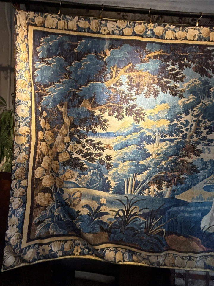 Antiguo tapiz Aubusson azul y dorado verdure estilo tela impresión reproducción Foto 4 de 4