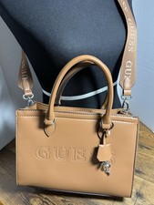 Guess Tote Tan/Brown Shoulder Purse with Branded Straps Faux Leather w/Logos C
