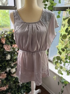 MOA Beaded Gray Short Sleeve Square Neck Tunic Blouse Size M