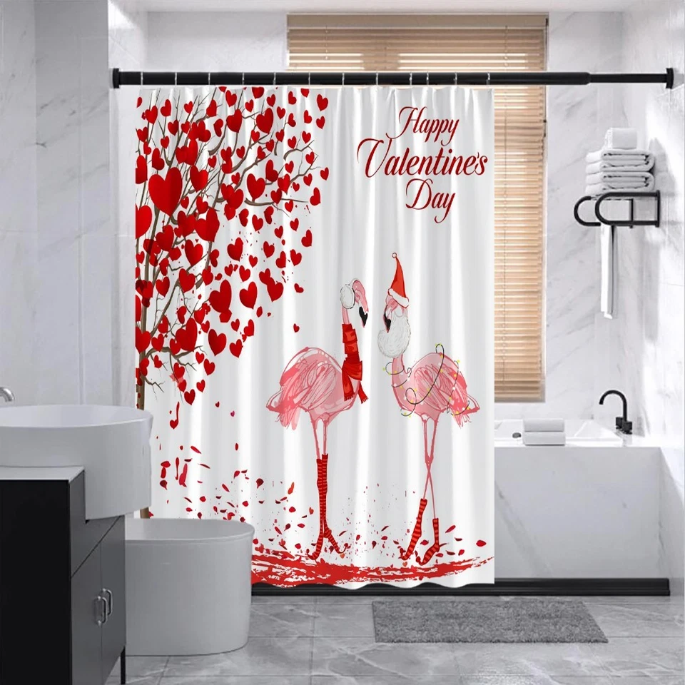 Cortina de Ducha San Valentín Corazones Flamencos Rosa Decoración Romántica con Ganchos Foto 3 de 4