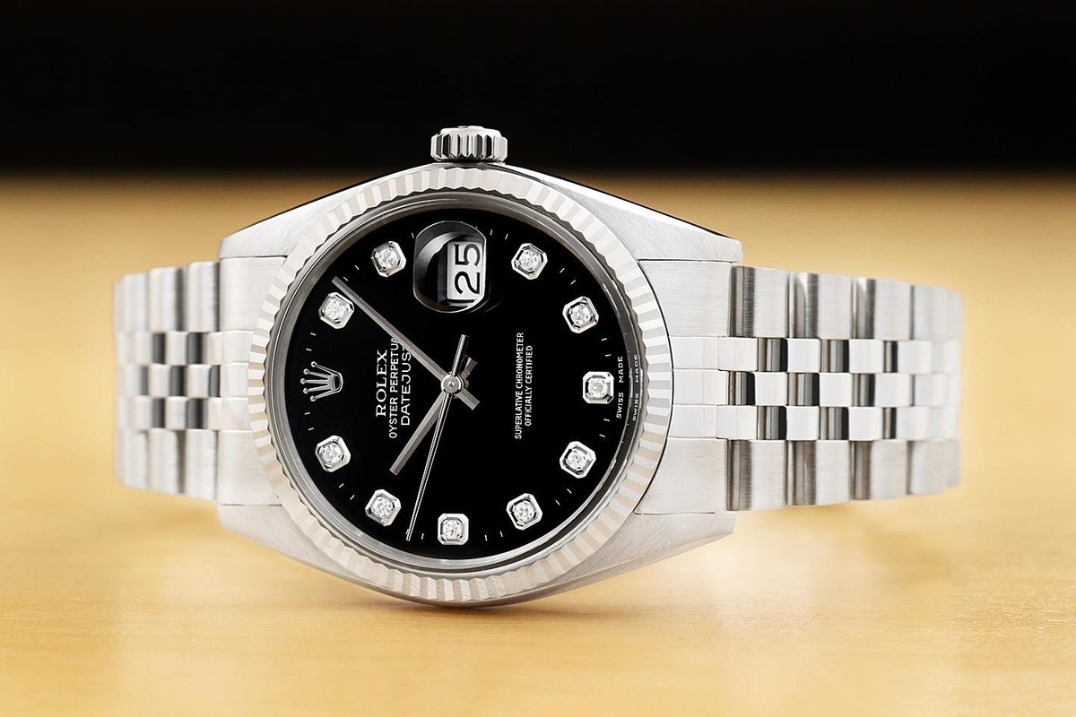 MENS ROLEX DATEJUST 16234 BLACK FACTORY DIAMOND 18K GOLD STEEL NO HOLES WATCH View 3