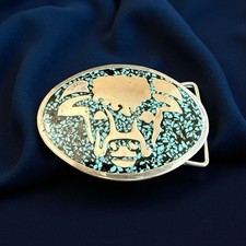 Vintage Turquoise Chip Inlay Buffalo Bison Belt Buckle - Heavy Southwest Western