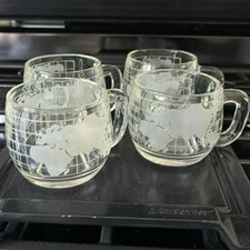 Vintage 1970's Set of 4 Nestle Glass Etched Frosted World Mugs with Handles