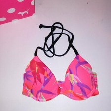 Victoria Secret PINK Swim Bikini Top XS Orange Tropical Undrwire Halter Lightly