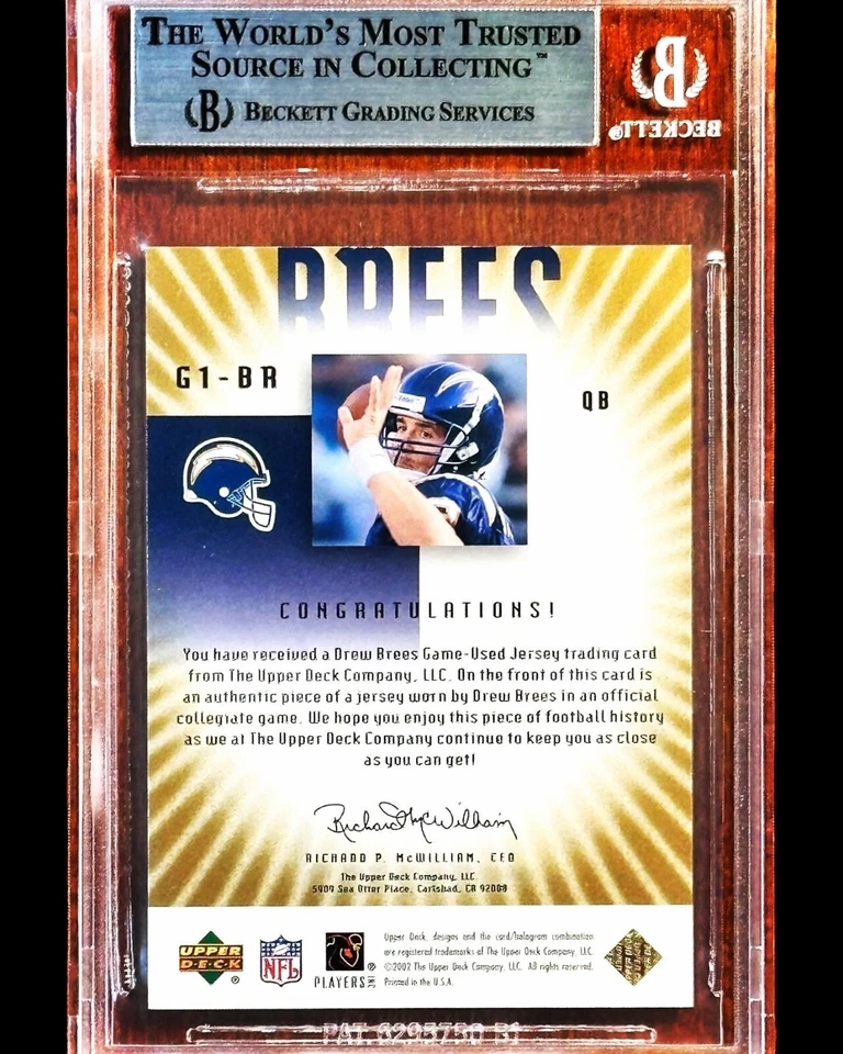Drew Brees - 2002 Upper Deck UD Graded GAME-USED Jersey GOLD /15 - BGS 9 - Pop 2 - Image 2 of 4