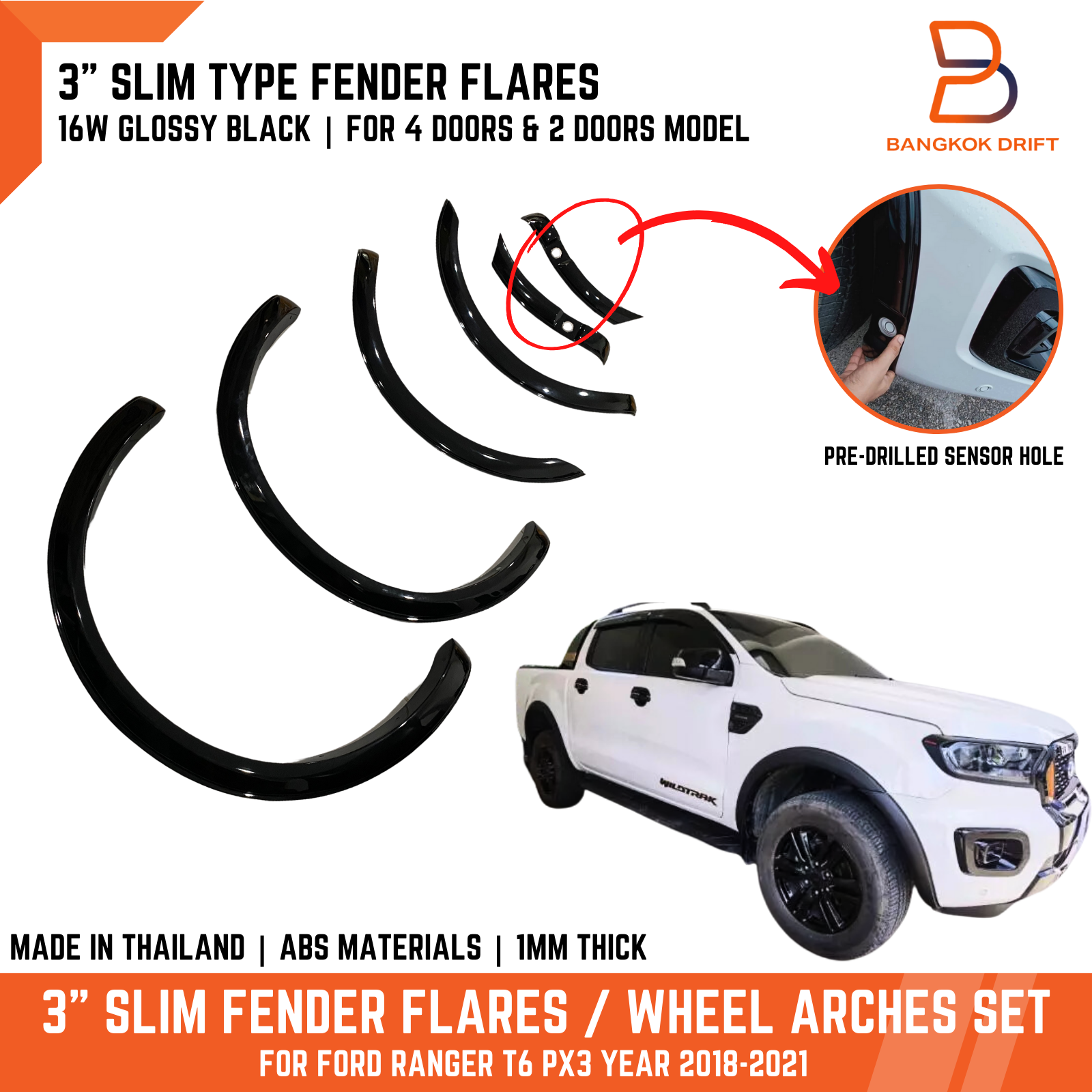 16W Black 3 Slim FENDER FLARES WHEEL ARCH FIT FORD RANGER UTE T6 PX3 2018-2021