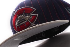 New Era Carolina Mudfish MiLB Navy Red Fitted Cap Gray UV