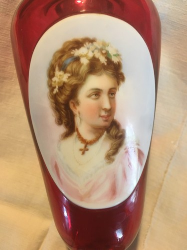 Antique Victorian Ruby Glass Vase Porcelain Medallion Hand Painted - Picture 2 of 6