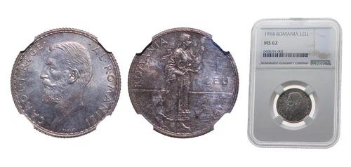 Romania 1914 1 Leu Silver 835 NGC MS 62