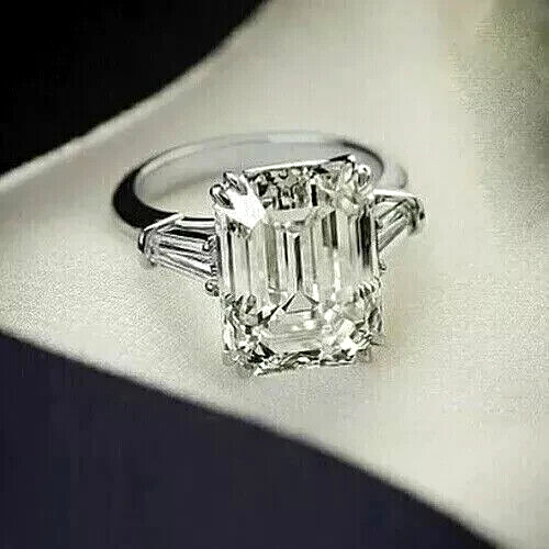 5CT Emerald Cut Lab Created Diamond Women's Wedding Ring 14K White Gold Plated - Picture 1 of 8