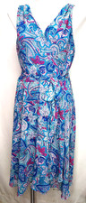 CHAPS Size 14 Paisley Blue Teal Print Cross Over Sleeveless Belted Dress Lined