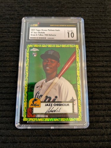 2021 Topps Platinum Anniversary Jazz Chisholm Green /Yellow Refractor /99 CSG 10 - Picture 4 of 6