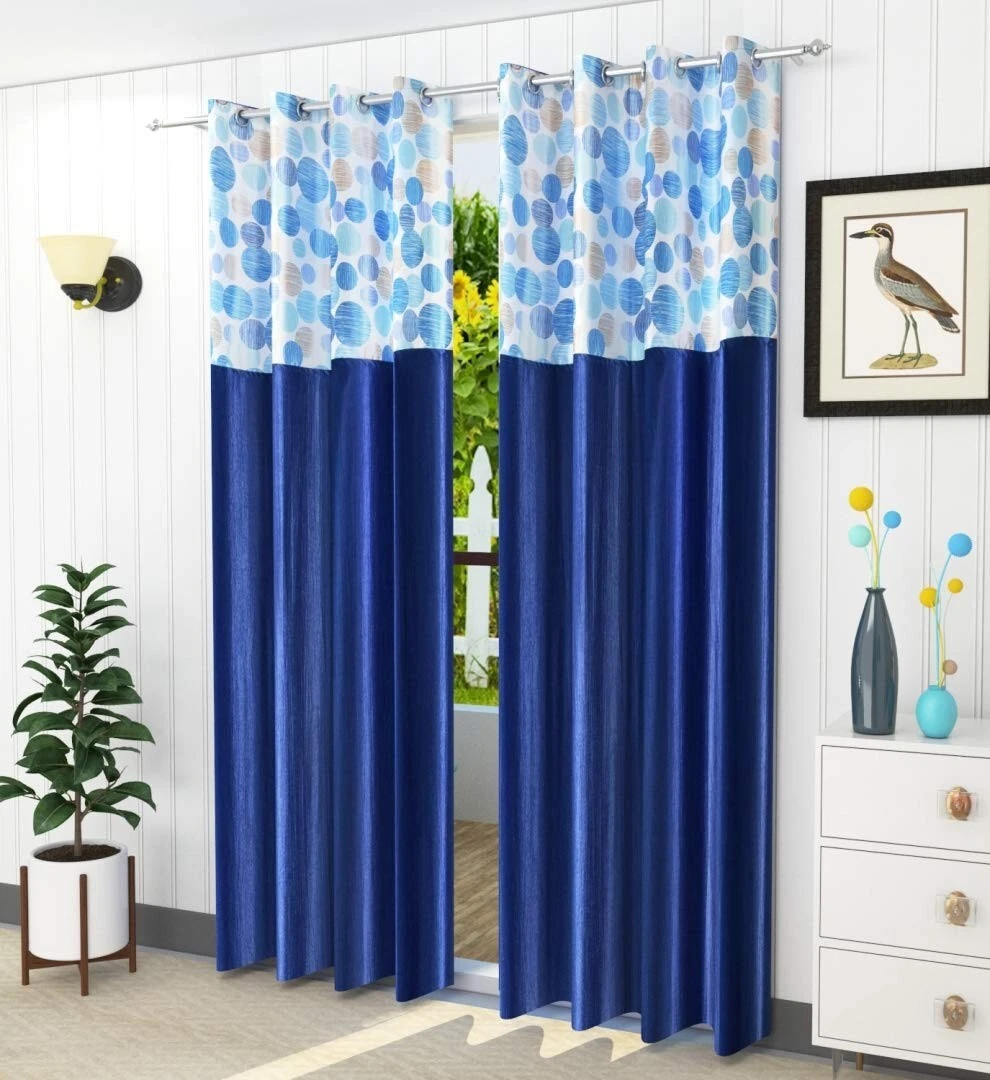 Polyester Solid Grommet Door Curtain Long Door 9 Feet Blue Pack of 2