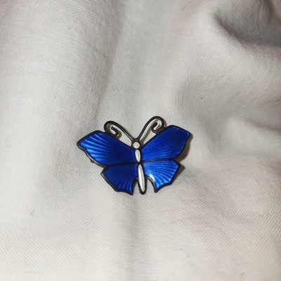 Vintage Aksel Holmsen Norway Sterling Silver Blue Enamel Butterfly Pin 3/4 × 1 