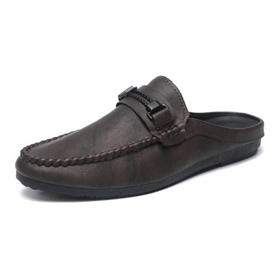 Leather Men Half Slippers Summer Fashion Casual Shoes Slip on Loafers Moccasins