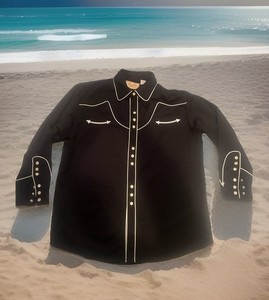 Scully Western Country Pearl Snaps White Piping Shirt Adult Large Black Vintage