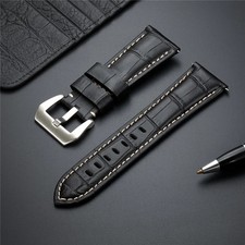 Genuine Cowhide Leather Watch Band Steel Buckle Black Brown Blue 20/22/24/26mm