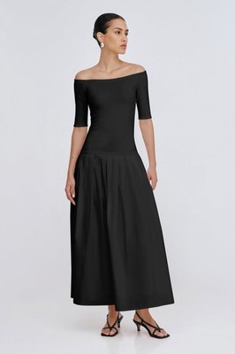 Marcella MILA Elegant Ponte Poplin Off-Shoulder Black Maxi Dress Drop Waist M