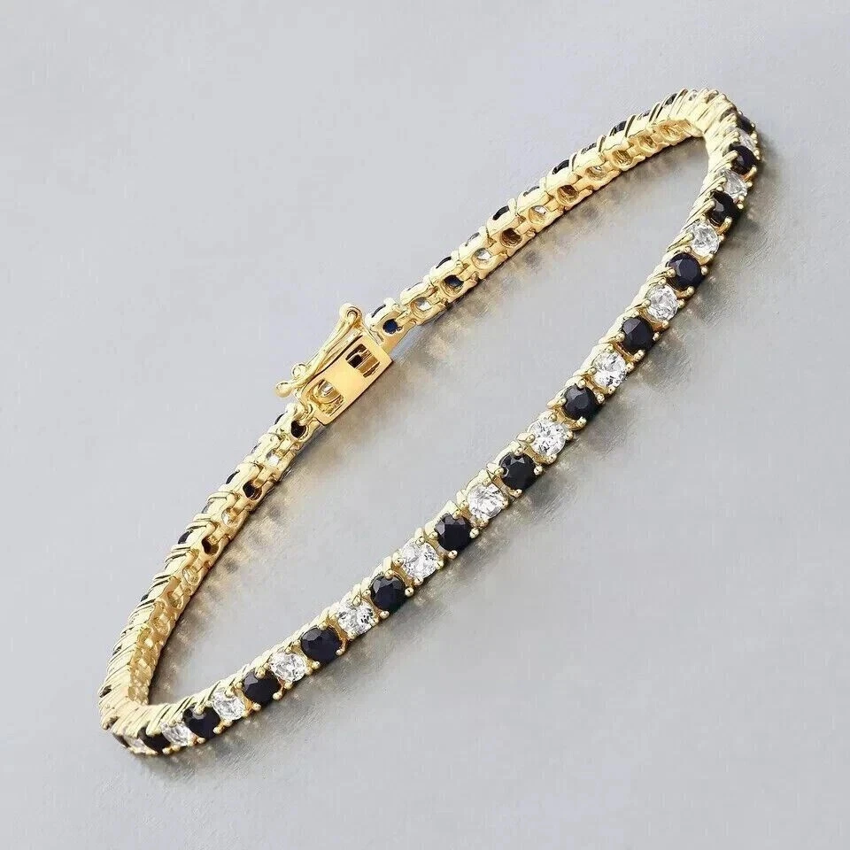 Brazalete de tenis redondo de diamantes negros simulados de 7 quilates para mujer enchapado en oro amarillo de 14 k Foto 4 de 4