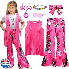 XonyiCos 8 Pcs Girls Kids 60s 70s Hippie Costume Disco Outfits Fringe Vest Bo