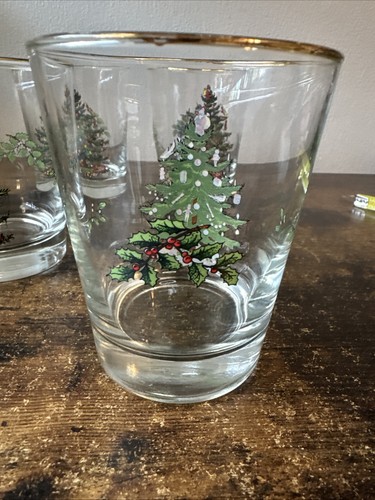 Set of 4 Christmas Tree Lowball/Rock Old Fashioned Gold Rimmed Glasses - Picture 4 of 12