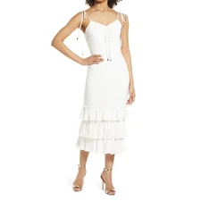 Elle Zeitoune Women White Alexandria Ruffle Tiered Sheath Midi Dress Size S