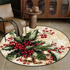 Large Round Christmas Holly Berries Bells Area Mat- Golden Winter Wreath Design
