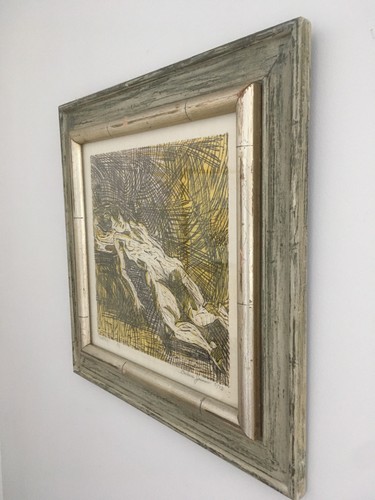 Vintage Mid Century Abstrakter Akt Frau Druck Blockdruck Lithographie signiert datiert - Bild 10 von 12