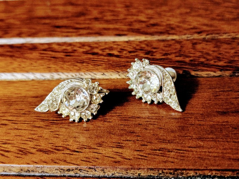 Vintage BOGOFF Clear Rhinestone Silver Tone Screw Back Costume Earrings