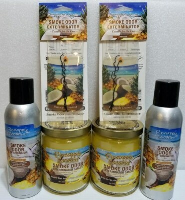 Smoke odor Pineapple Coconut Two 13oz Jar Candles Two 7oz Spray & Two Car Hanger