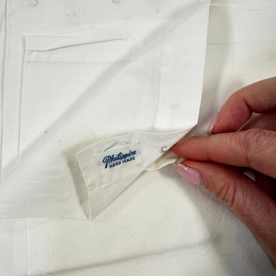 vintage handmade flat sheet twin cotton white floral embroidery philippine retro - Image 3 of 4