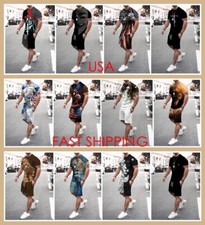 Fashion T Shirt Men's Sport Short Sleeve Graphic Soft Sport Tracksuit Shorts SET