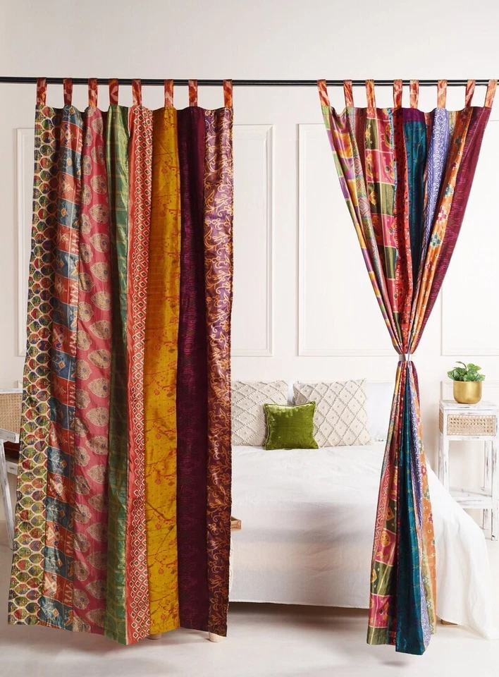 2 Pcs Indian Sari Patchwork Curtain Drape Window Decor Multi Silk Sari Curtain - Image 2 of 4