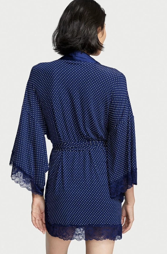 VICTORIA'S SECRET NAVY POLKA DOT MODAL LACE TRIM ROBE DRESSING GOWN WOMEN M/L - Image 2 of 4