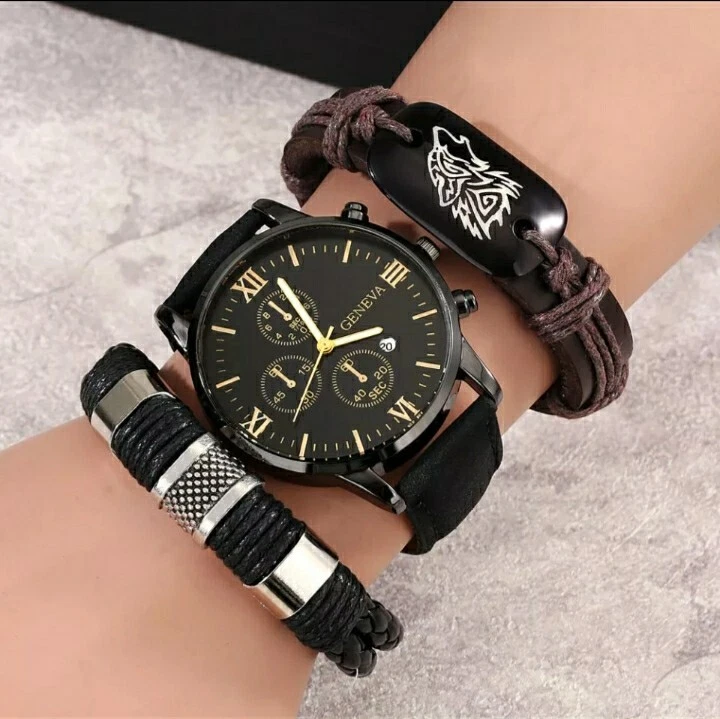 Juego De Reloj Casual De Negocios Para Hombre Con Pulseras De Lobo Semi  Cuero #1