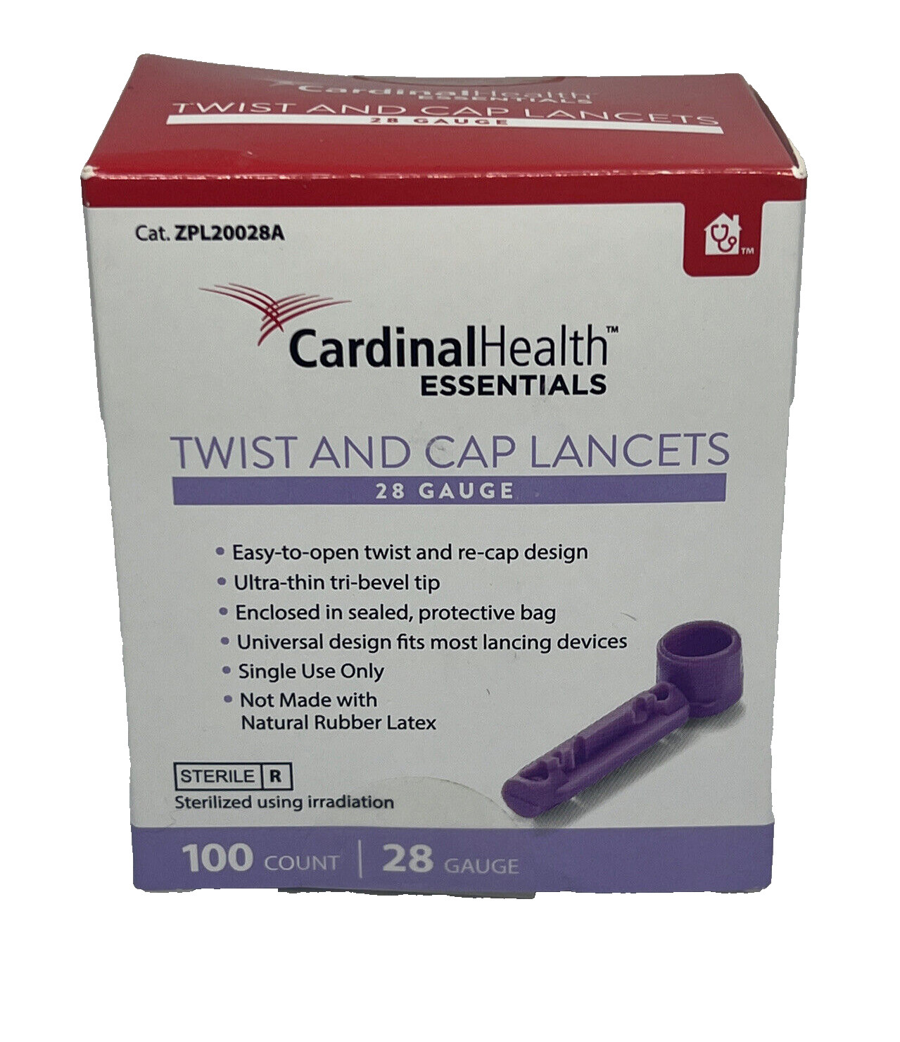 CARDINAL HEALTH ESSENTIALS™ Twist and Cap Lancets 28G Purple 100 COUNT Sealed