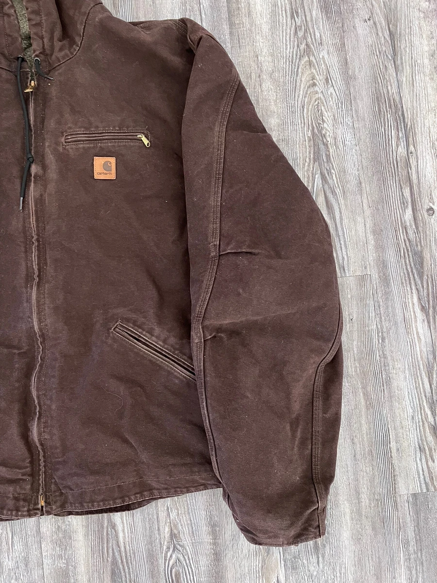 Vtg 90s Carhartt Detroit Hooded Jacket Brown Sherpa Lined Mens