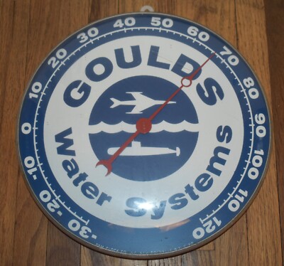 Vintage GOULDS WATER SYSTEMS Advertising Round PAM Thermometer w Great Graphics