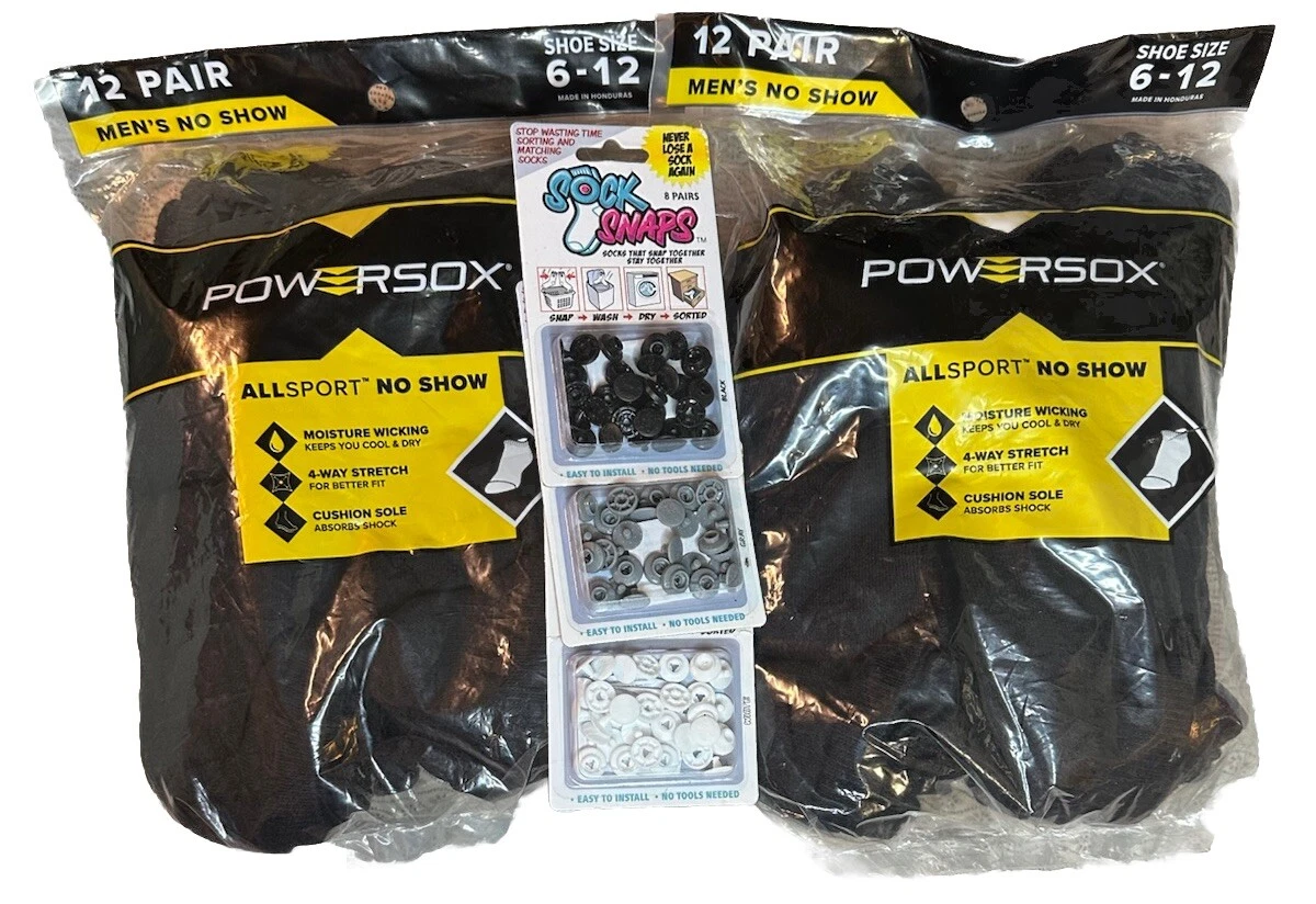 Mens Powersox AllSport No Show Socks 24 Pairs Total! Black Sizes 6-12 +$15 GIFT!