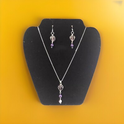Glass Beaded Pendant And Dangle Earrings In 2 Sets In Purple Or Blue.