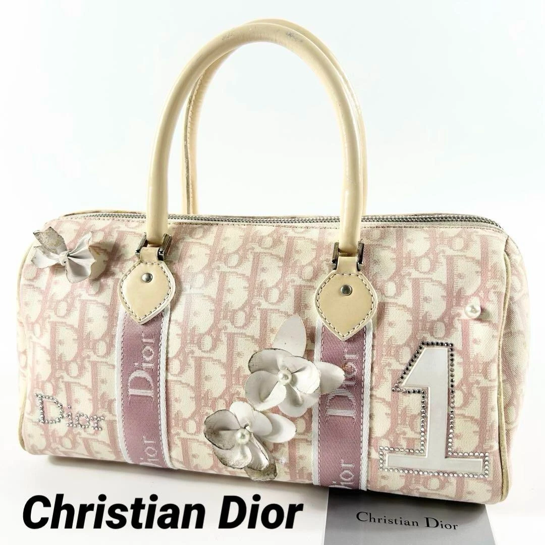 AUTH Christian Dior Trotter Flower n°1 sac à main toile cuir rose du Japon