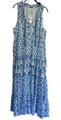 NWT CALYPSO St. BARTH Tiered Maxi 100% Cotton Dress Large Blue White Floral