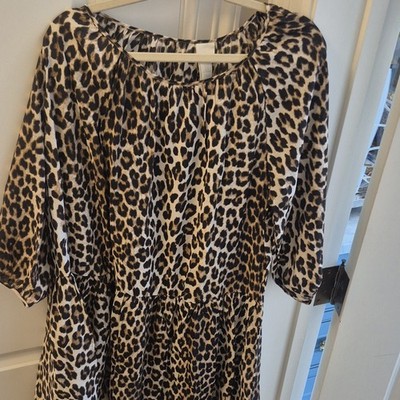 H&M Women's Brown Black White Leopard Print Round Neck Puff Sleeve Dress M