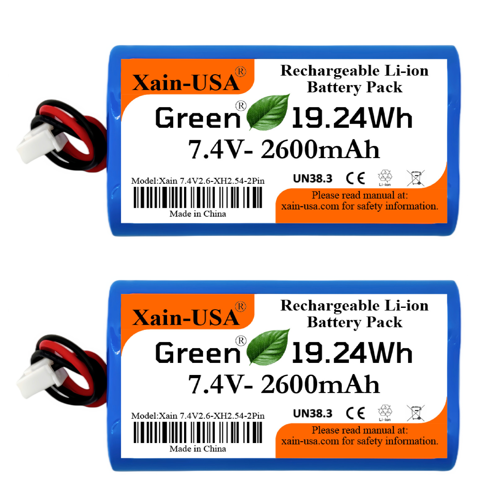 (2-Pack) 7.4V 2600mAh Li-ion Battery Pack w/ JST-XH 2P Plug for RC Cars, Lights