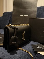 Yve Saint Laurent Gold Chain Crossbody Bag Black Leather with Dust