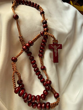 Christian Rosary Necklace Wood Beads Wooden Crucifix Christianity Religious
