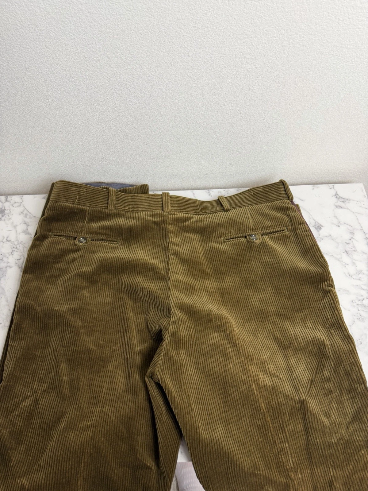 Vintage Orvis Mens Green Cotton Corduroy Flat Front  Leather Trim Pants 38 X 31 image 6
