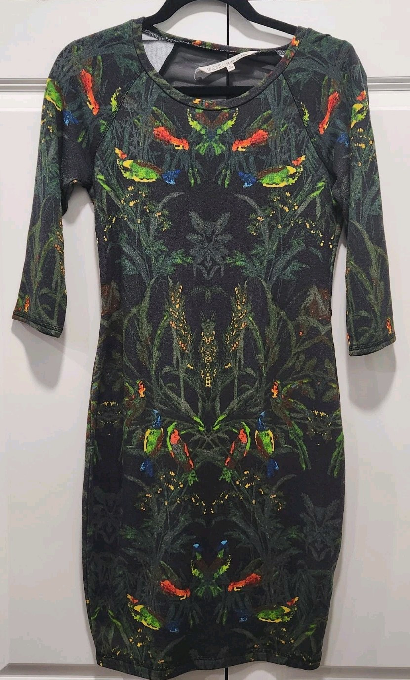 Rachel Roy Women Tropical Modal 3/4 Sleeve Fitted Stretchy Dress Mesh Back Sze M