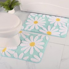 Qjhomo Bathroom Rugs Set 2 Piece Cute Daisy Bath Mat Green Toilet Rug U Shaped