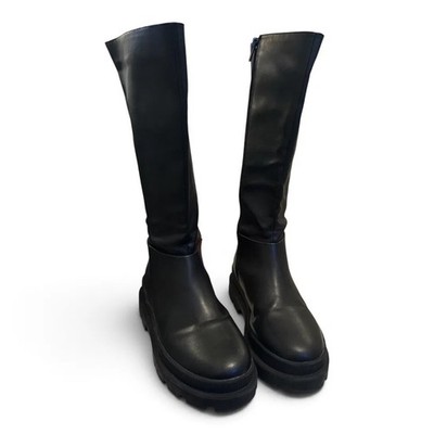 H&M Girls Black Chunky Lug Sole Knee High Boots Side Zip Grunge Y2K